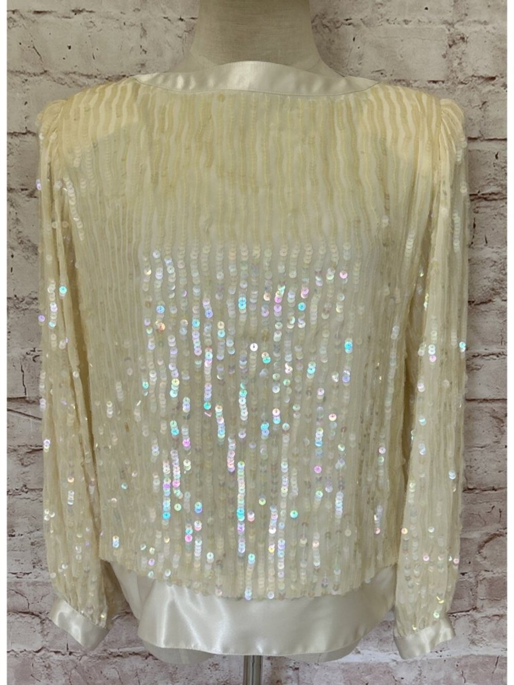 Vintage Ivory Sequin Long Sleeve Dressy Blouse Special Occasion Evening Size 6